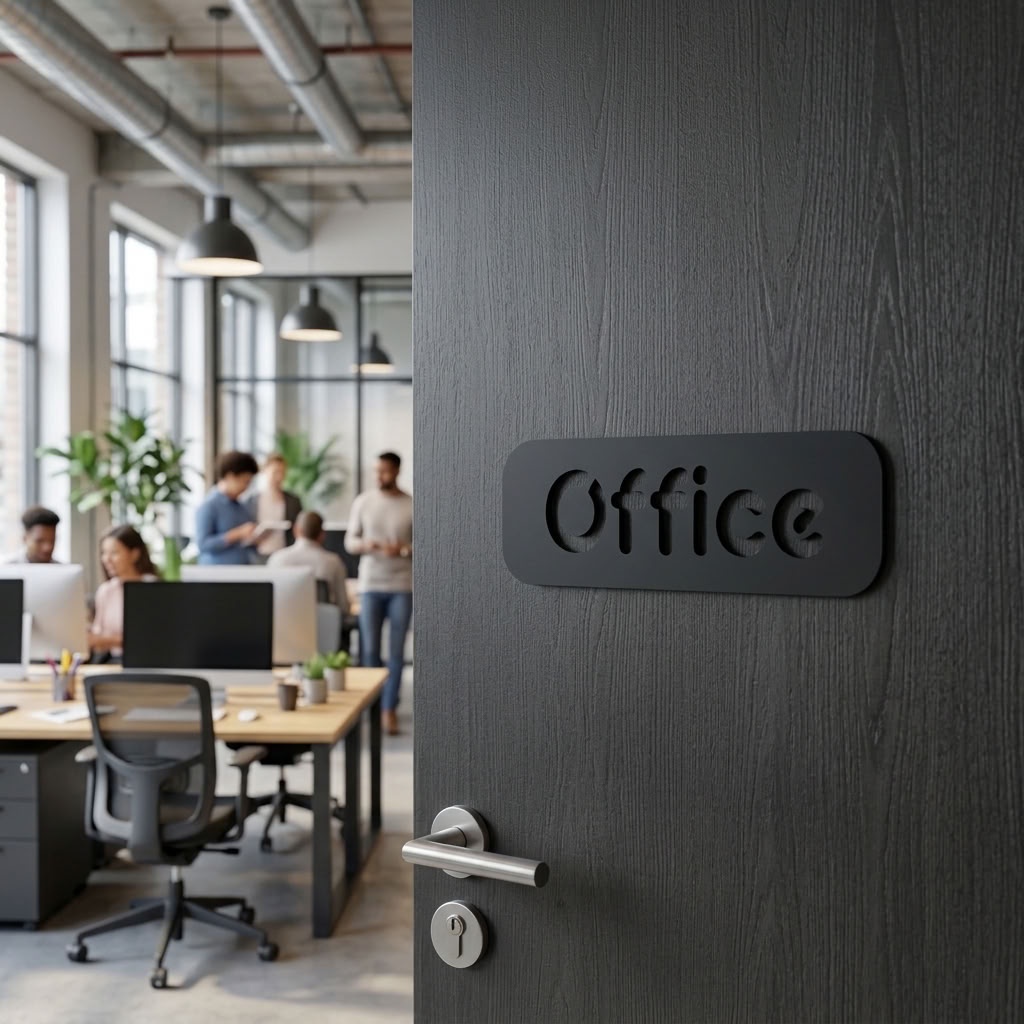 Minimal black office plaque on wooden door