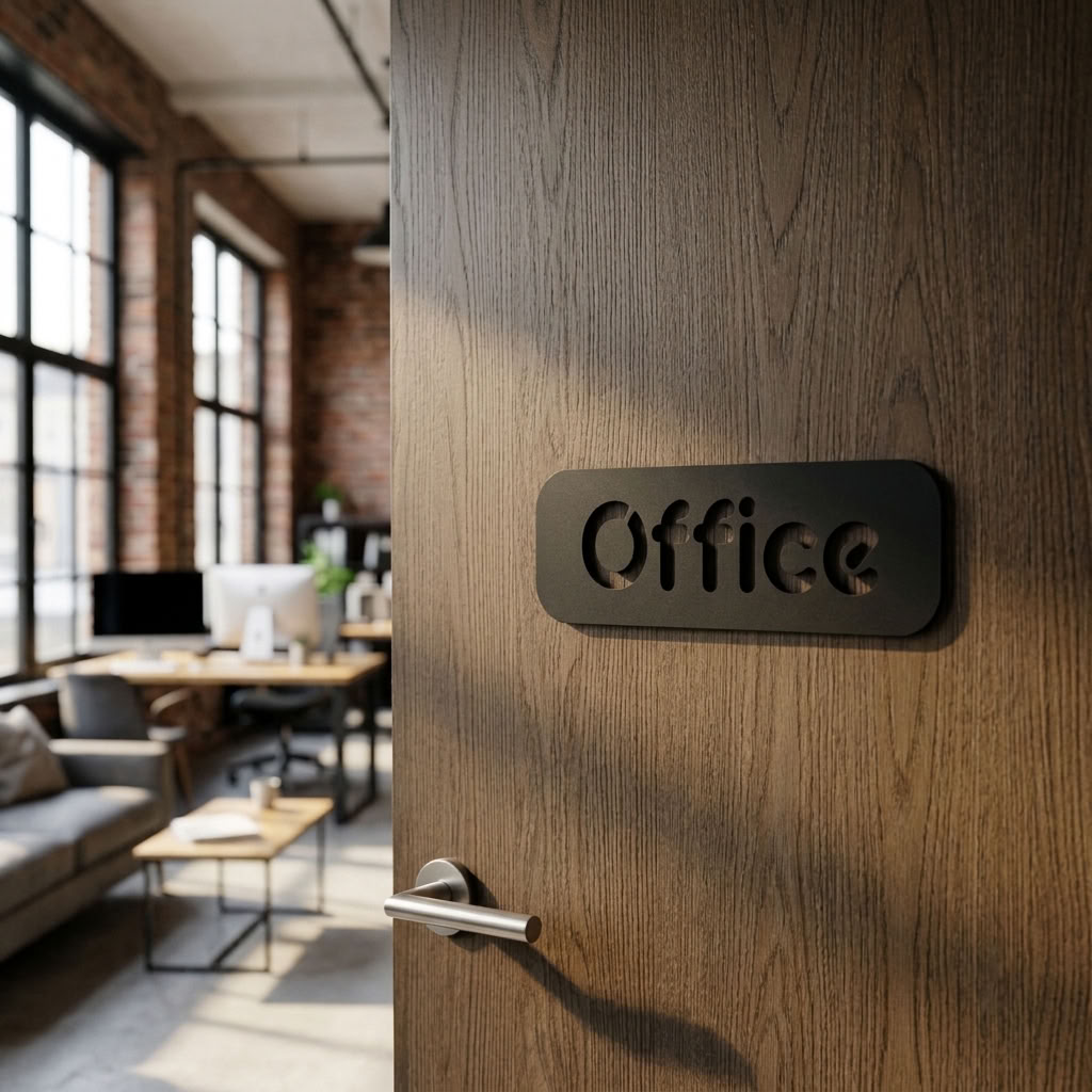 Modern black office door plaque with cut-out office lettering