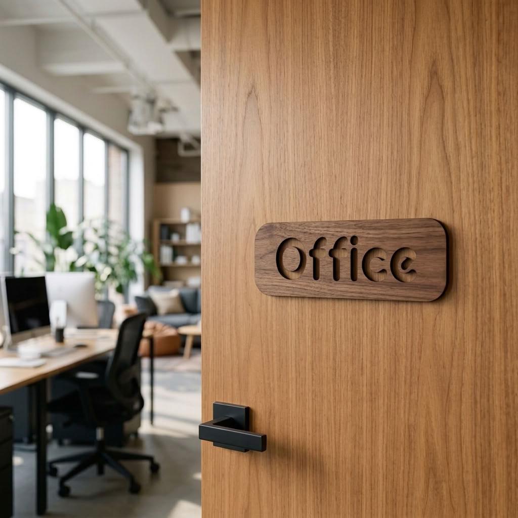 Walnut office sign for modern business workspace