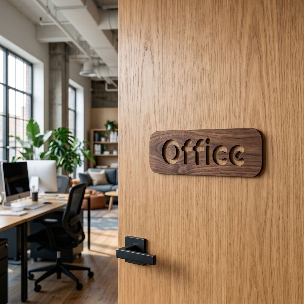 Natural wood office door sign with rounded corners