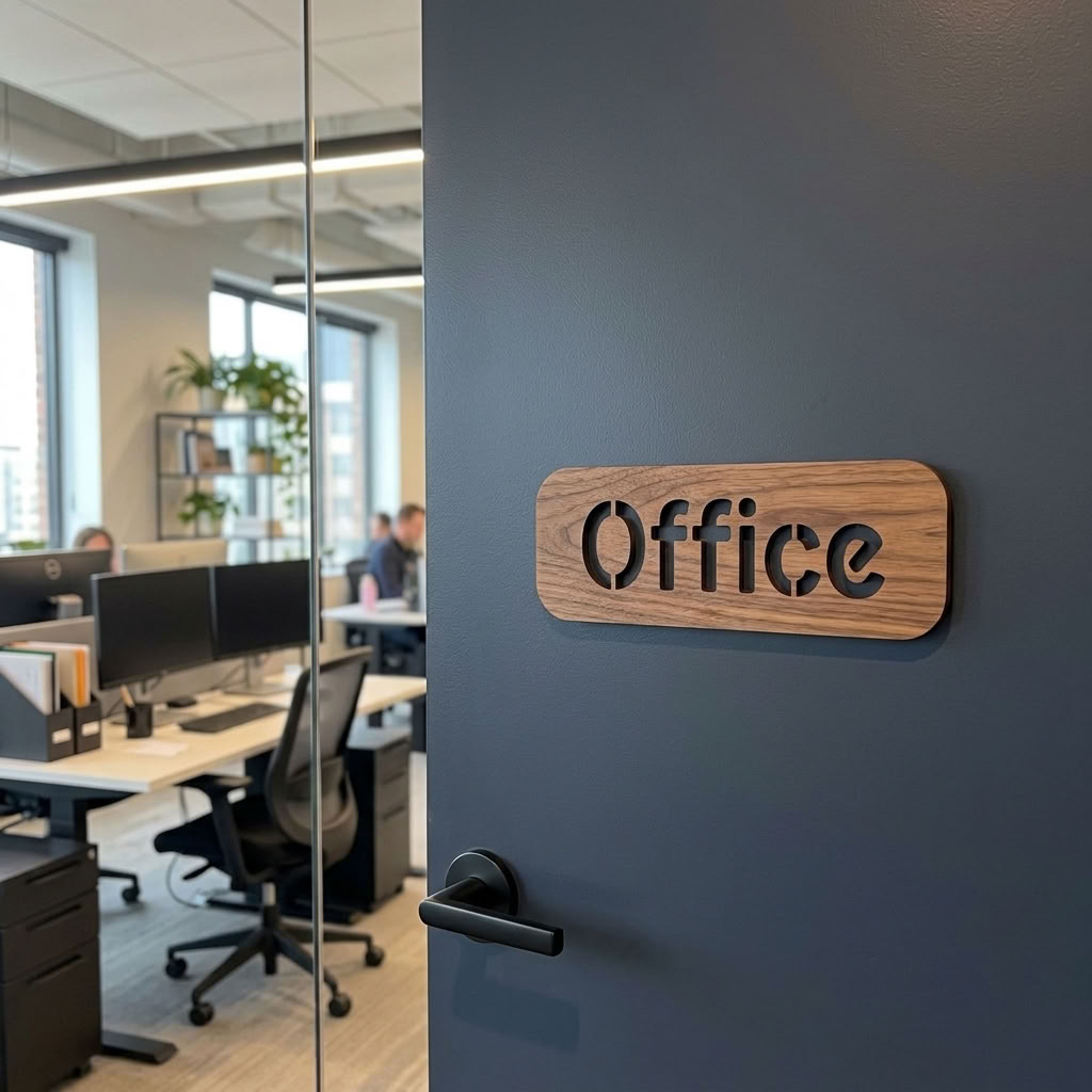 Wooden office sign for business door and workspace