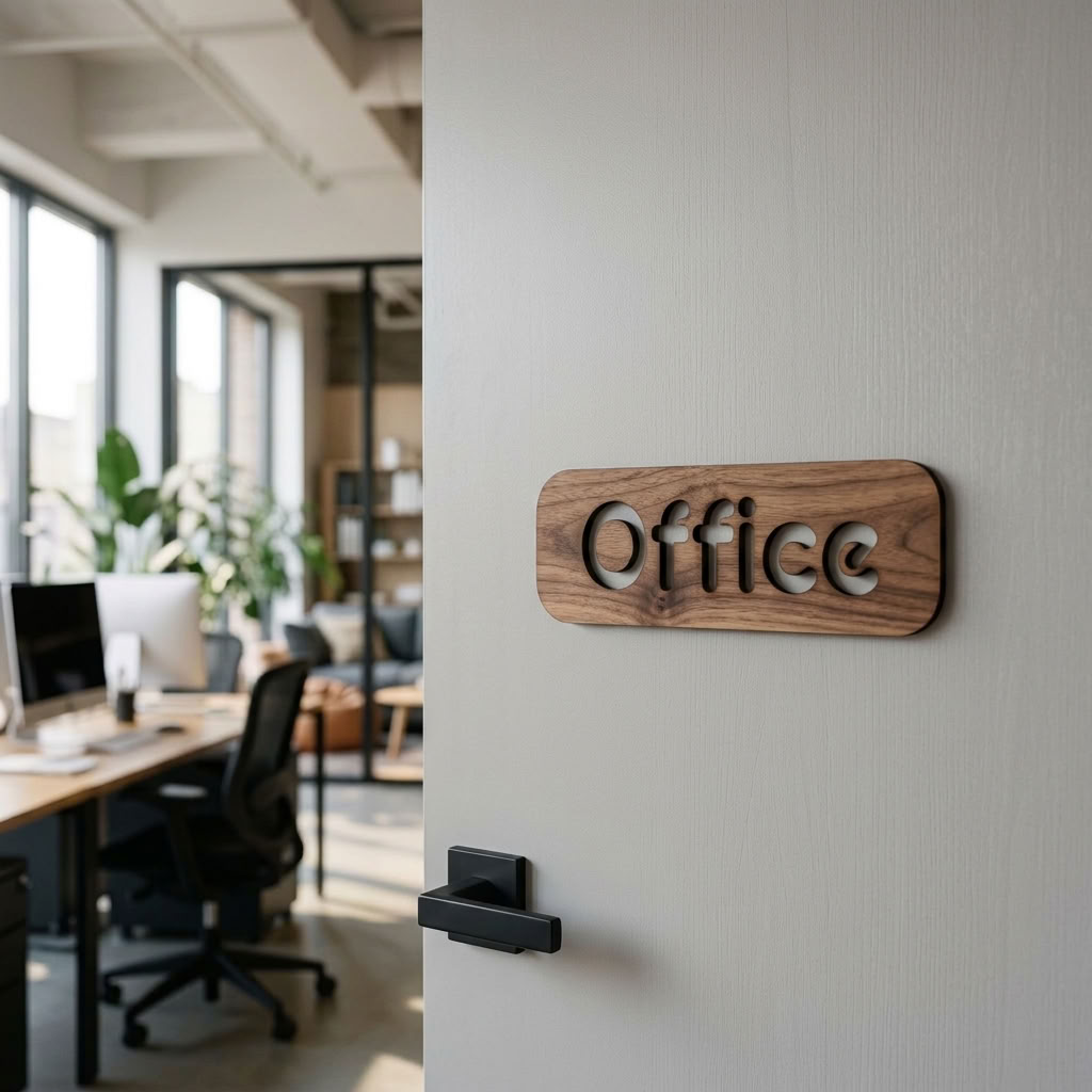 Walnut office room sign with clean cut-out lettering