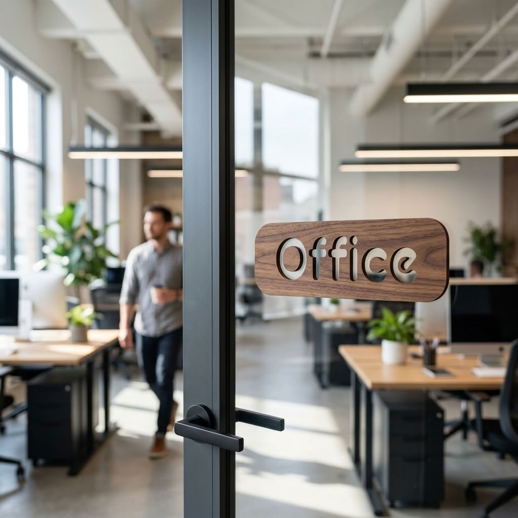 Office door plaque in natural walnut finish