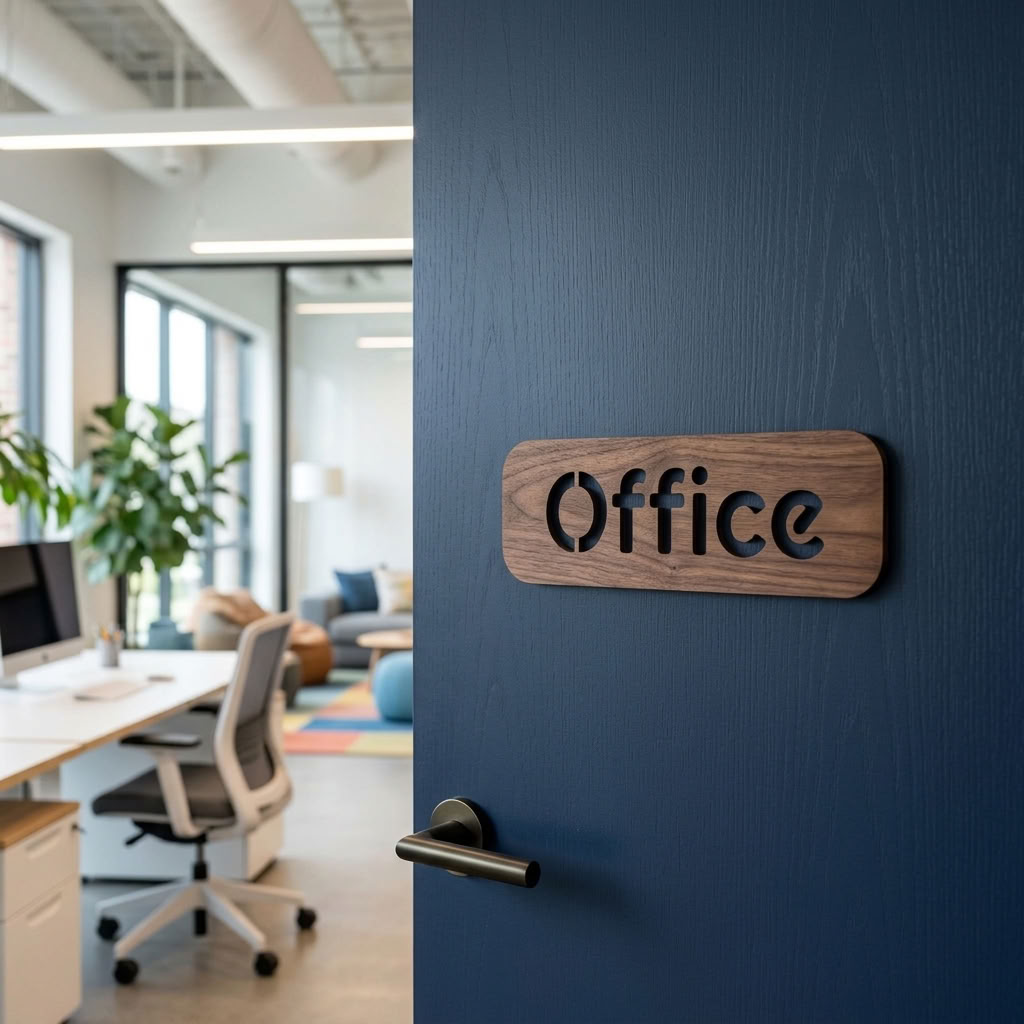 Modern wooden office sign for commercial workspace
