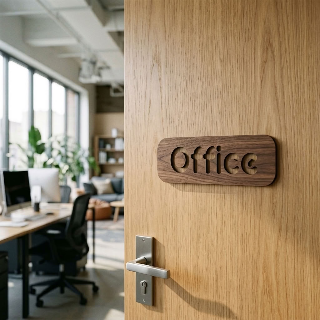 Walnut business door sign with office lettering
