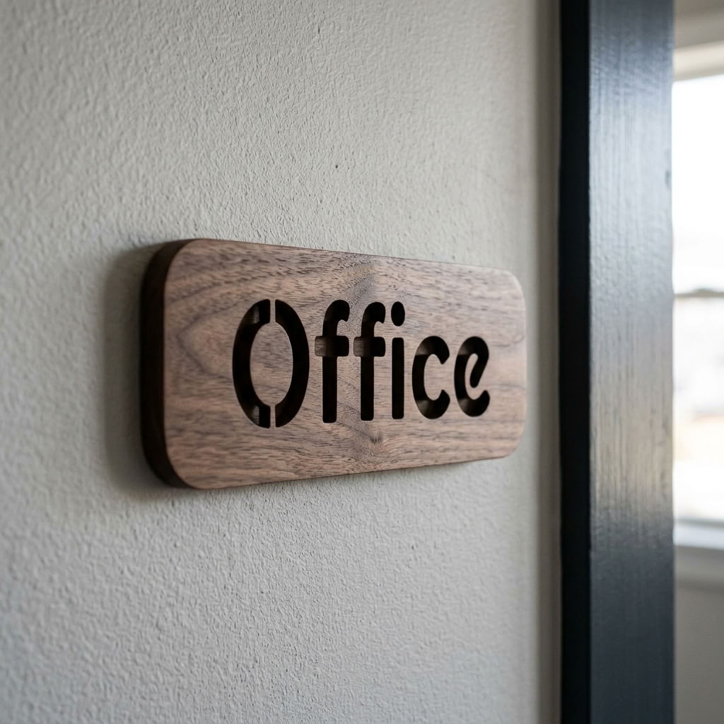 Wooden office door plaque with cut-out office lettering