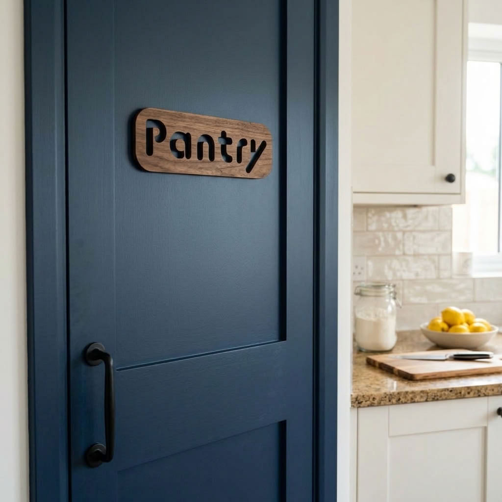 Walnut kitchen door plaque with clean Pantry lettering
