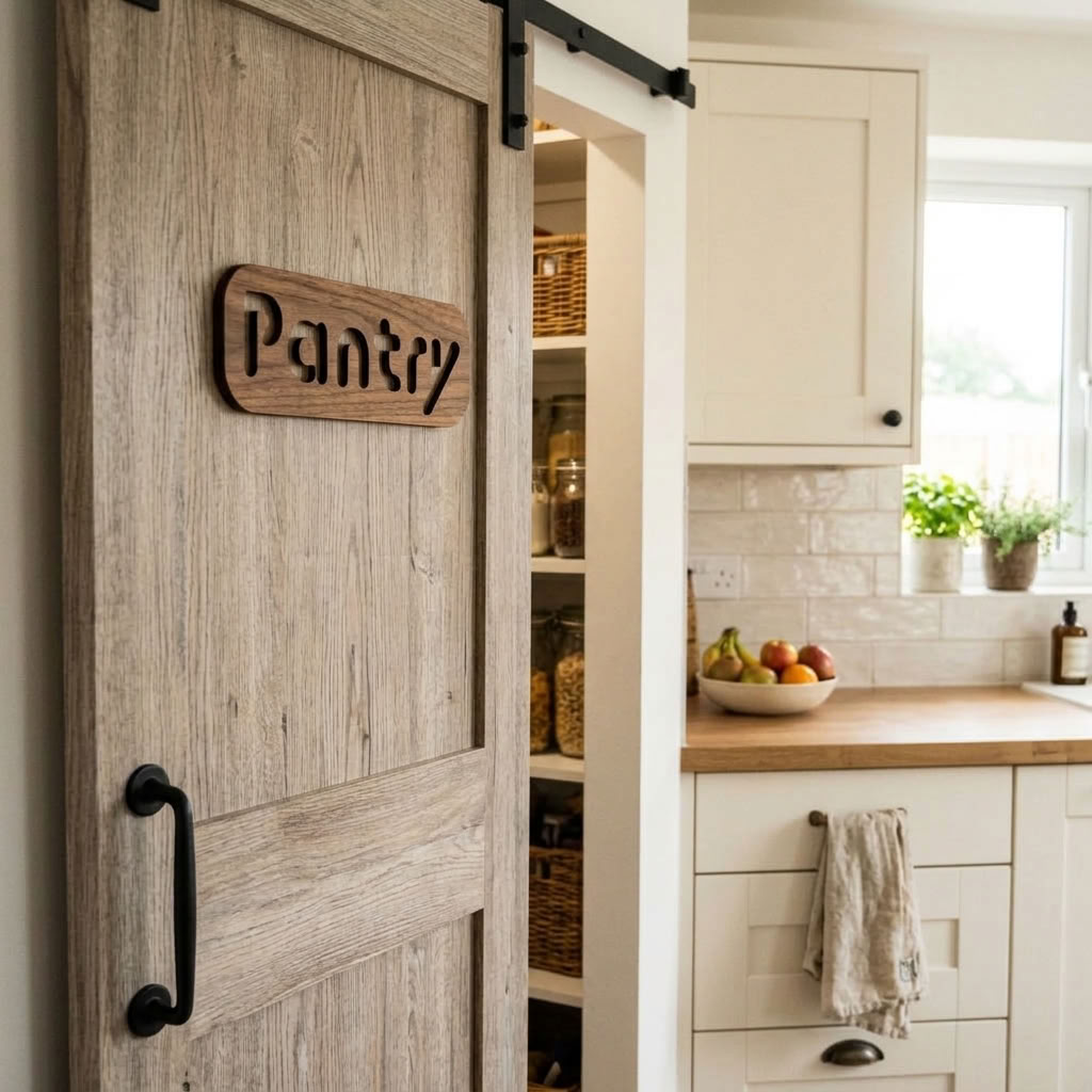Wooden pantry door plaque with cut-out Pantry lettering