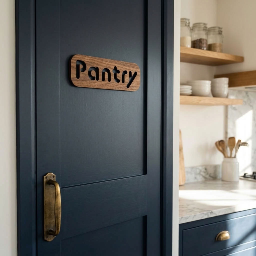 Modern walnut pantry sign for kitchen storage area