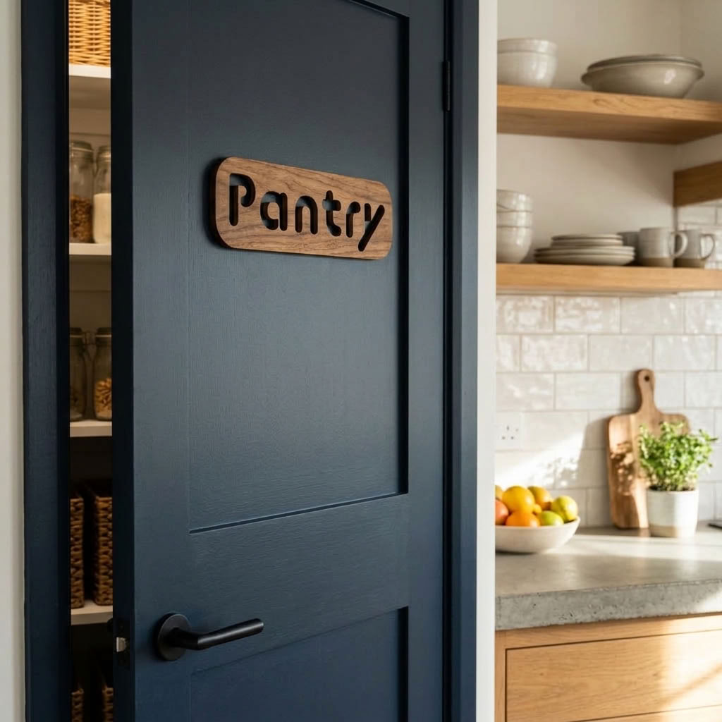 Natural wood kitchen pantry sign with rounded corners