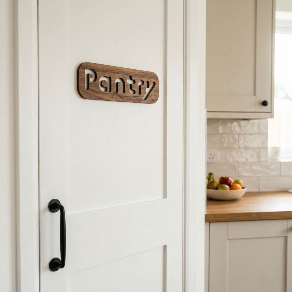 Walnut food storage door sign for modern kitchen