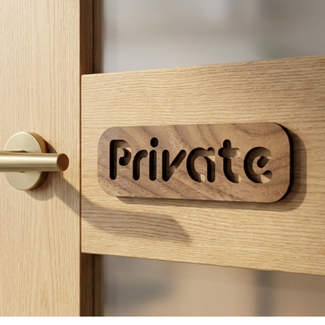 A close-up of a light oak wood door with a brass doorknob and a matching wooden plaque engraved with the word 'Private'. The background shows a softly blurred modern office interior with a plant and desk.