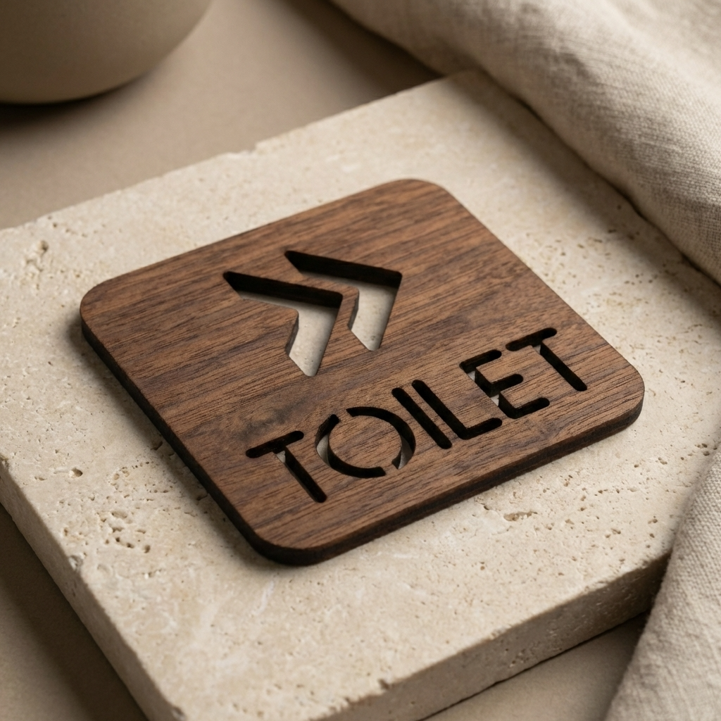 Modern wooden toilet sign with right-pointing arrows for businesses and commercial interiors