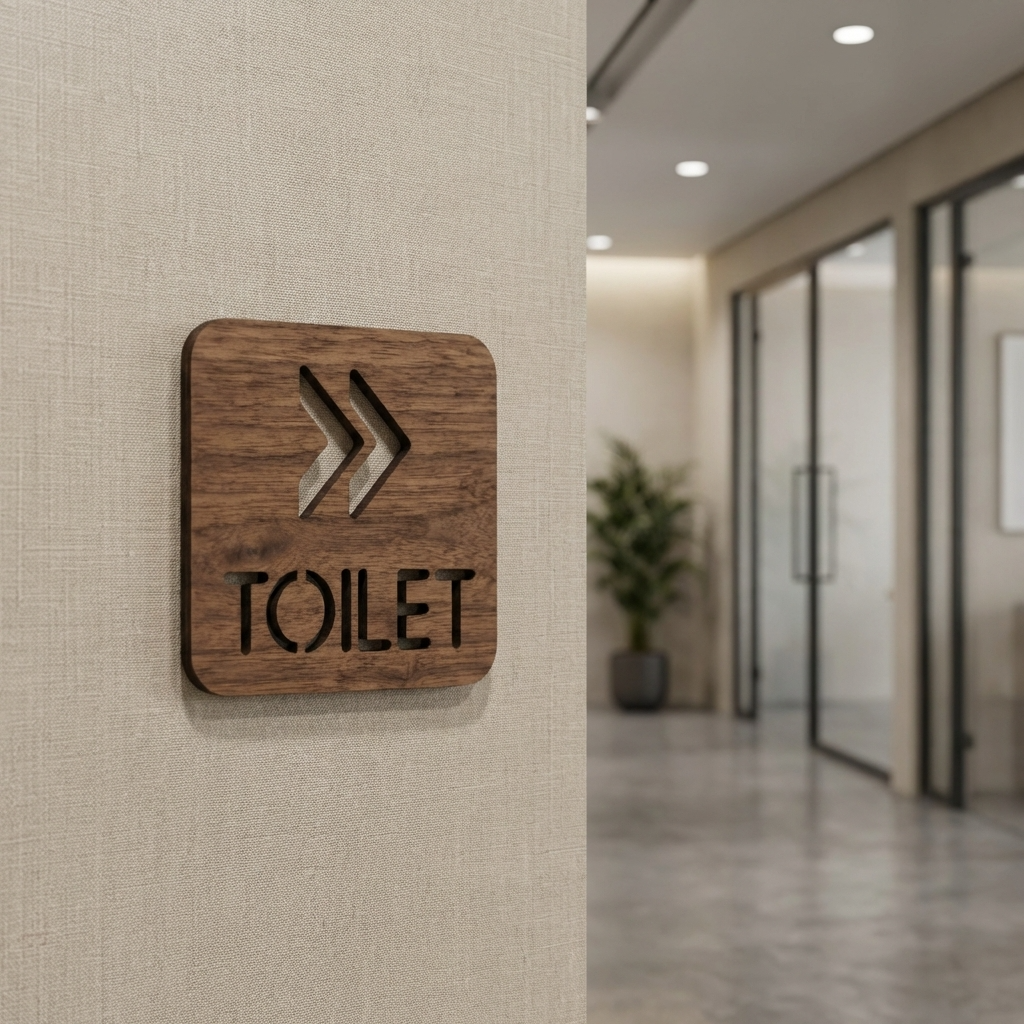 Walnut toilet direction sign with right arrows for offices, cafés, restaurants and commercial businesses