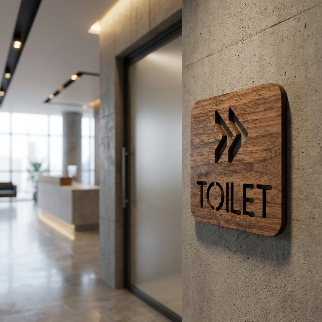 Wooden bathroom direction sign pointing right for shops, salons, cafés and business premises
