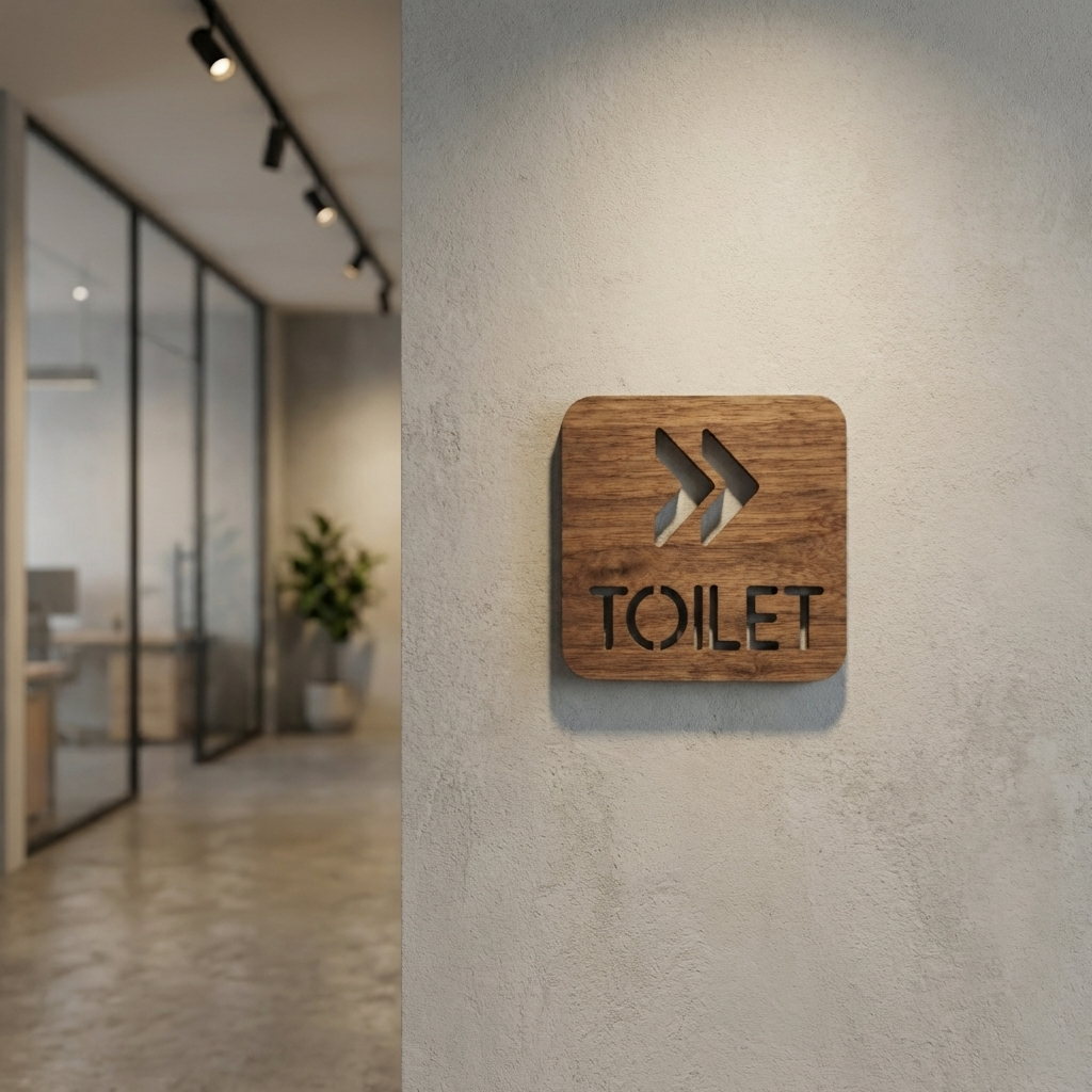 Stylish walnut toilet directional plaque for workplaces, restaurants and hospitality spaces
