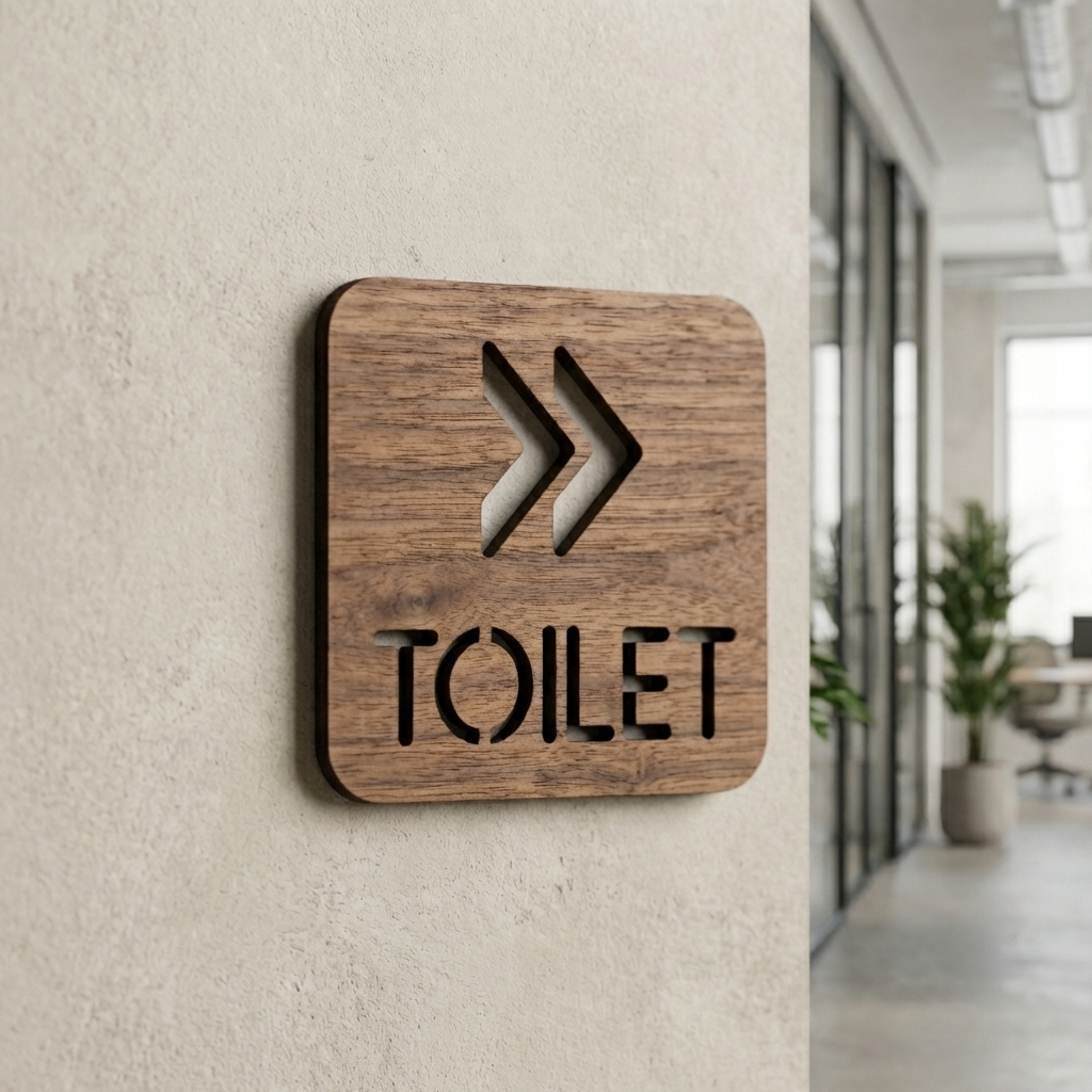 Commercial wooden restroom sign with right arrows for cafés, offices and customer facilities