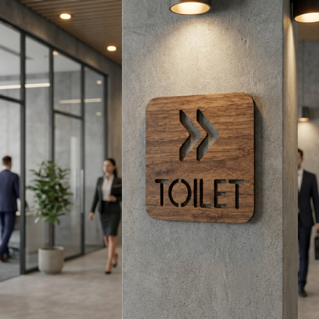 Natural walnut toilet wayfinding sign for hotels, restaurants, coffee shops and retail businesses