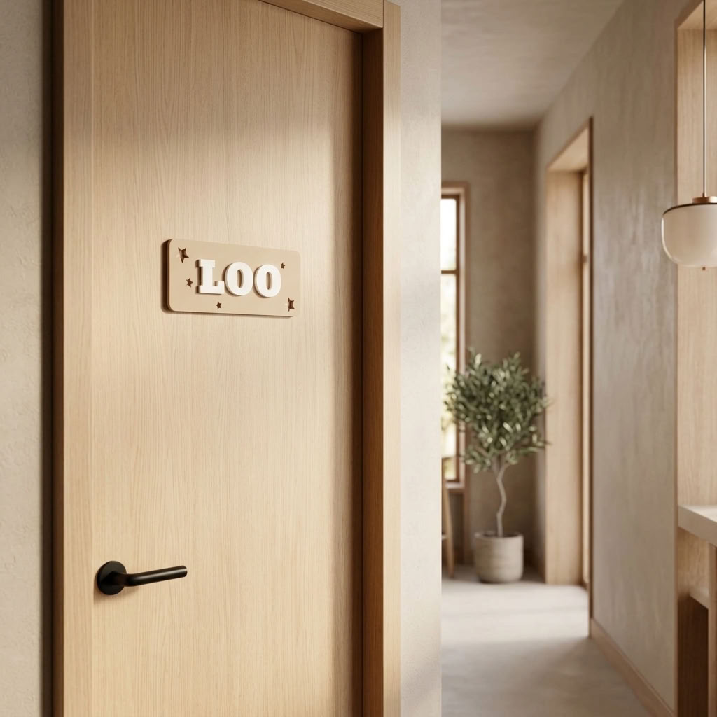 Beige bathroom door plaque for homes, offices, restaurants and customer toilet areas