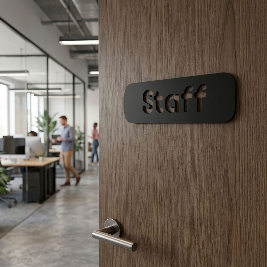 Modern black staff door sign with cut-out lettering