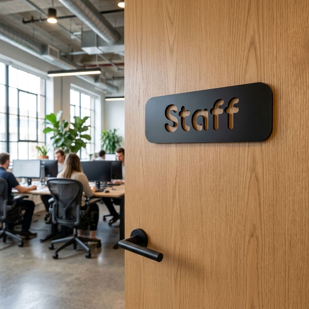 Black acrylic staff room sign for office door