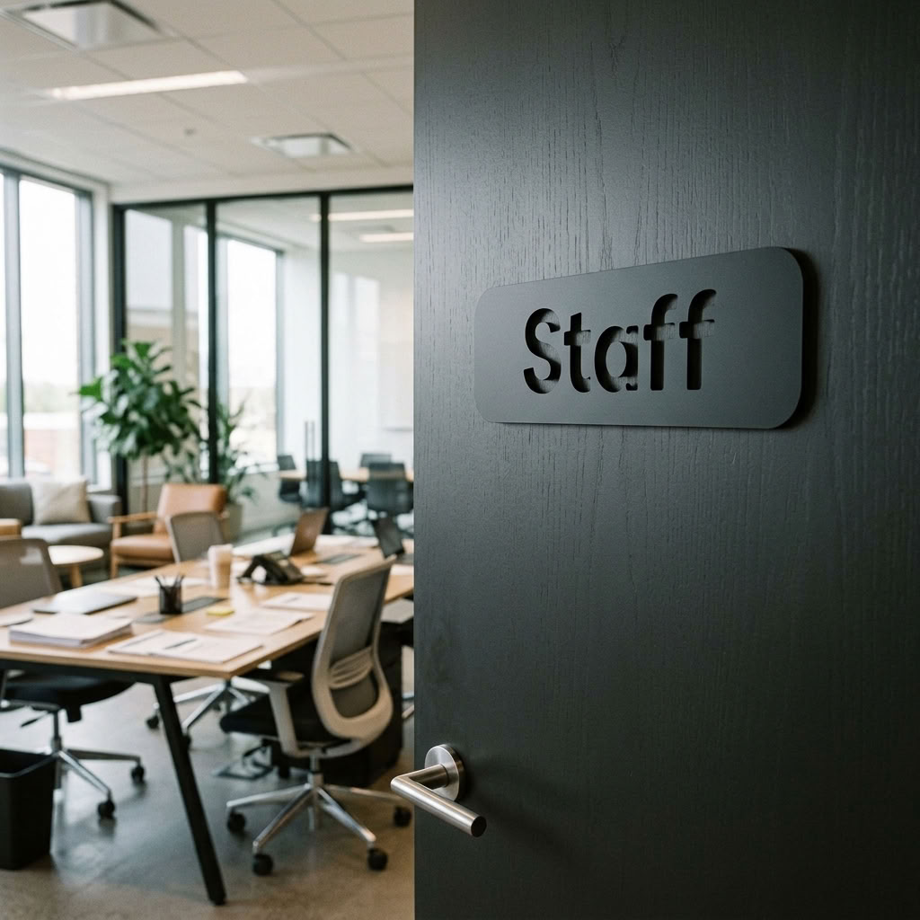Staff only sign in black acrylic on wooden door