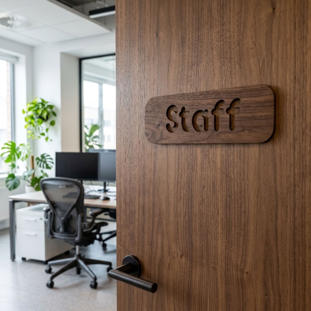 Walnut employee area sign with rounded rectangle design