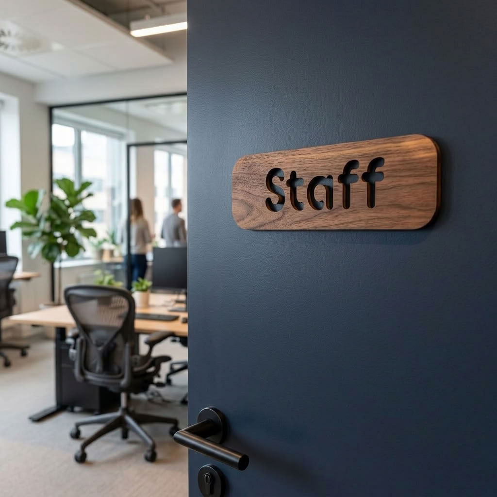Wooden staff door sign with cut-out Staff lettering