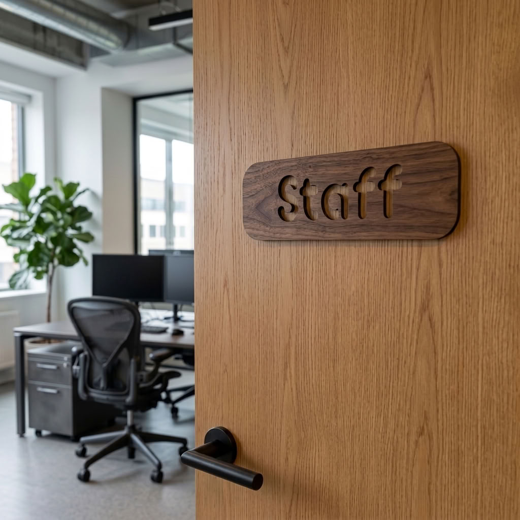 Modern walnut staff door plaque for business interiors