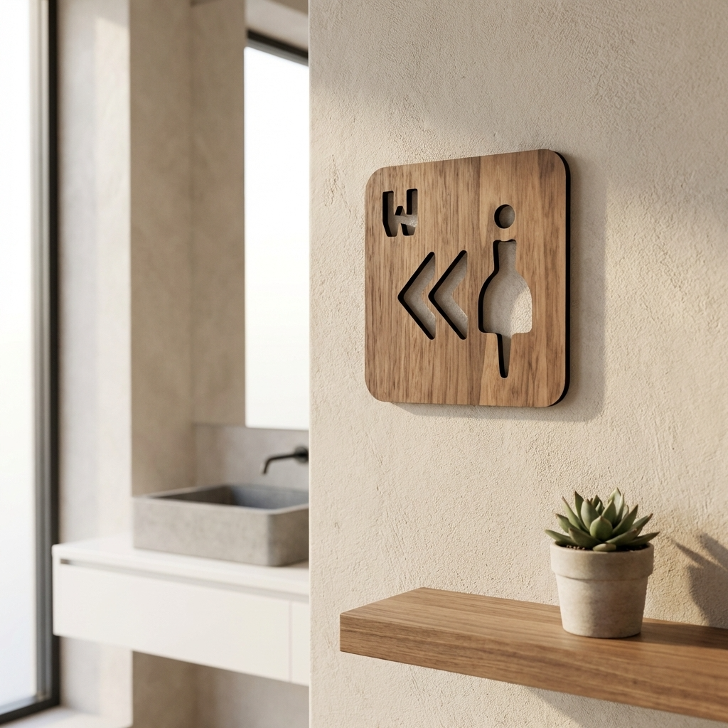 Commercial women’s toilet direction sign in natural walnut for restaurants and workplaces