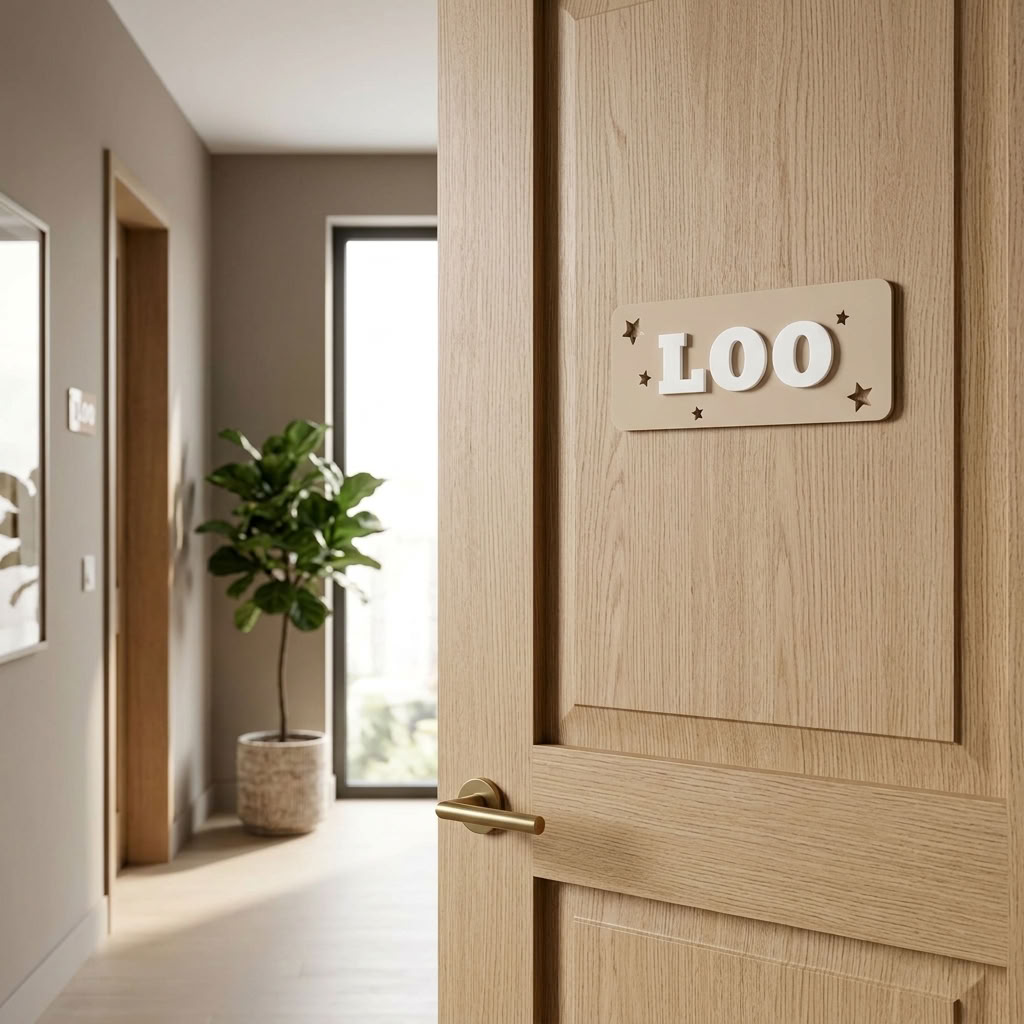 Decorative acrylic loo sign in beige and white for modern bathroom doors