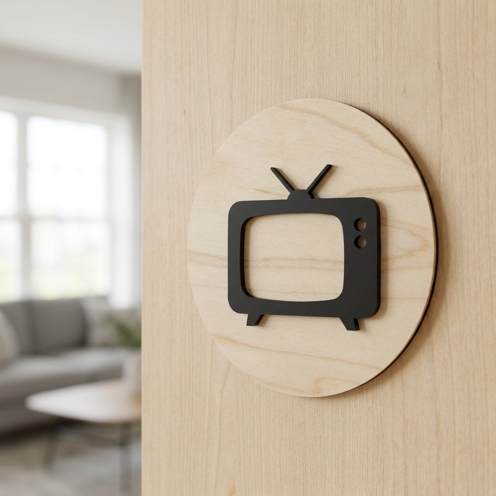 Modern TV room sign mounted on wooden interior door