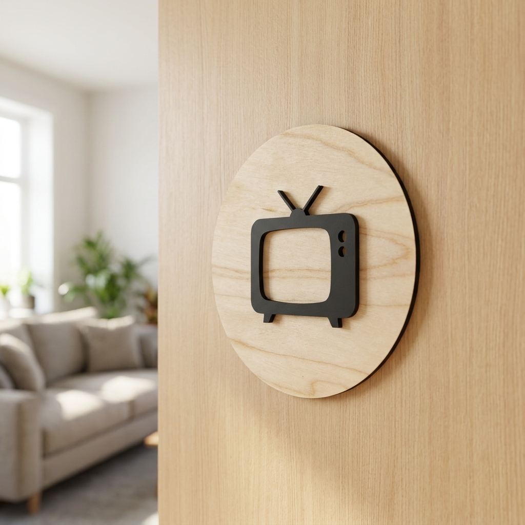 Wooden TV door sign for lounge media room and entertainment space