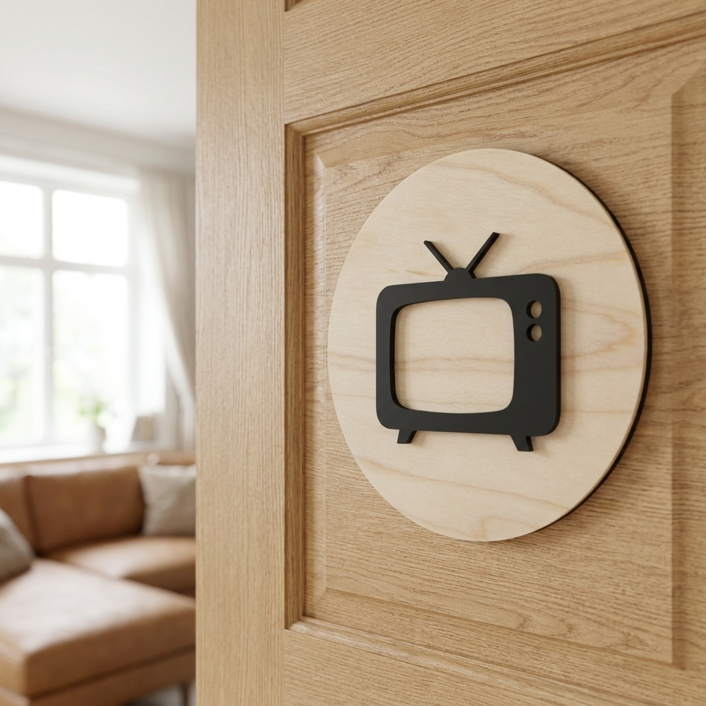 3D acrylic TV icon door plaque on natural birch plywood