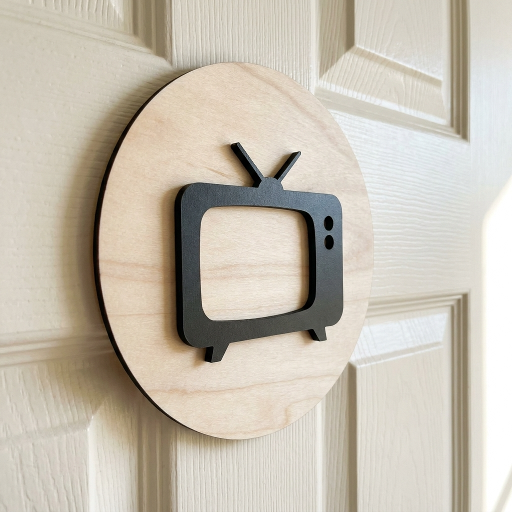 Modern home cinema door sign with black acrylic television symbol