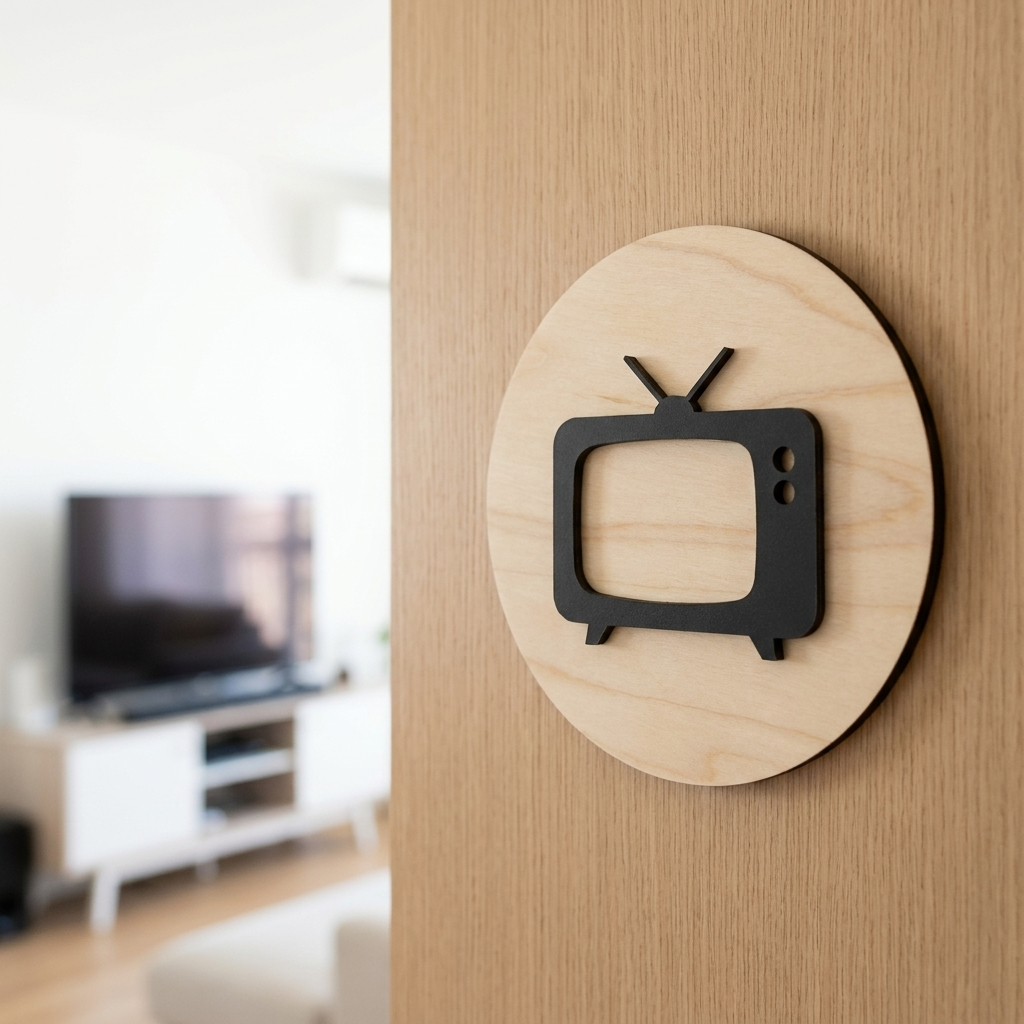 TV room door sign with raised black acrylic TV icon on natural birch plywood