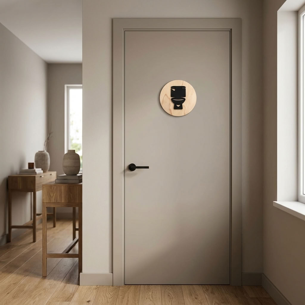 Wooden toilet door plaque with black toilet symbol