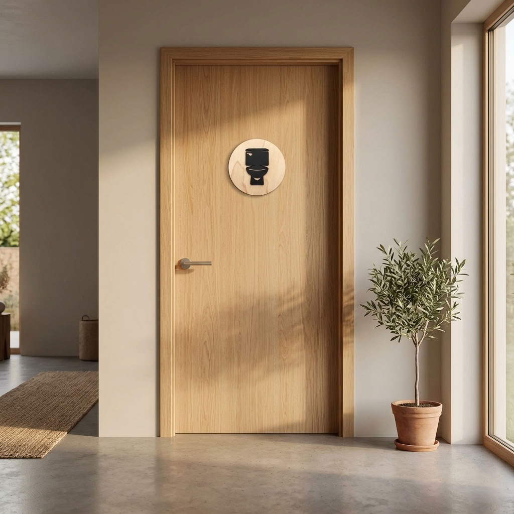 Modern bathroom sign mounted on contemporary interior door