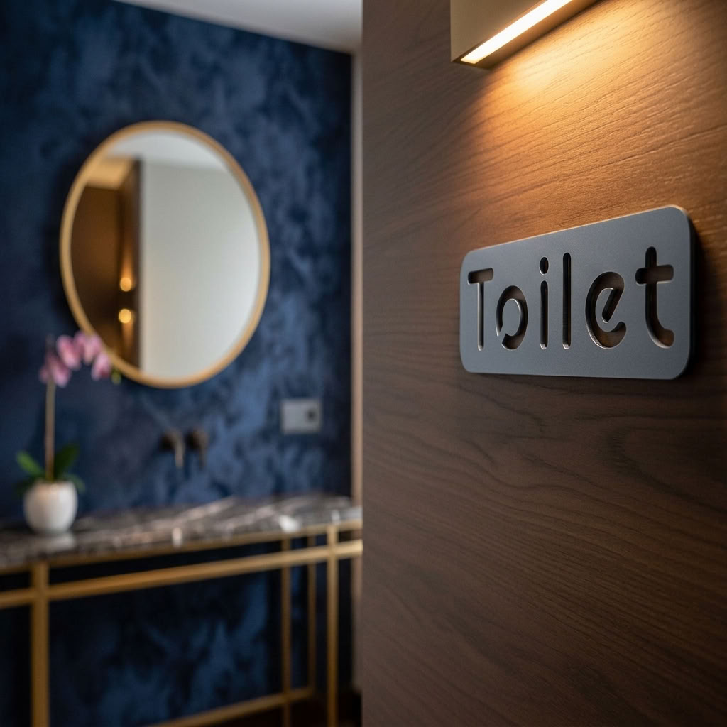 A modern  'Toilet' sign with cutout lettering mounted on a dark wood door, next to a warm wall light. The background shows a blurred bathroom interior with a blue textured wall, a gold-framed mirror, and a marble console table.