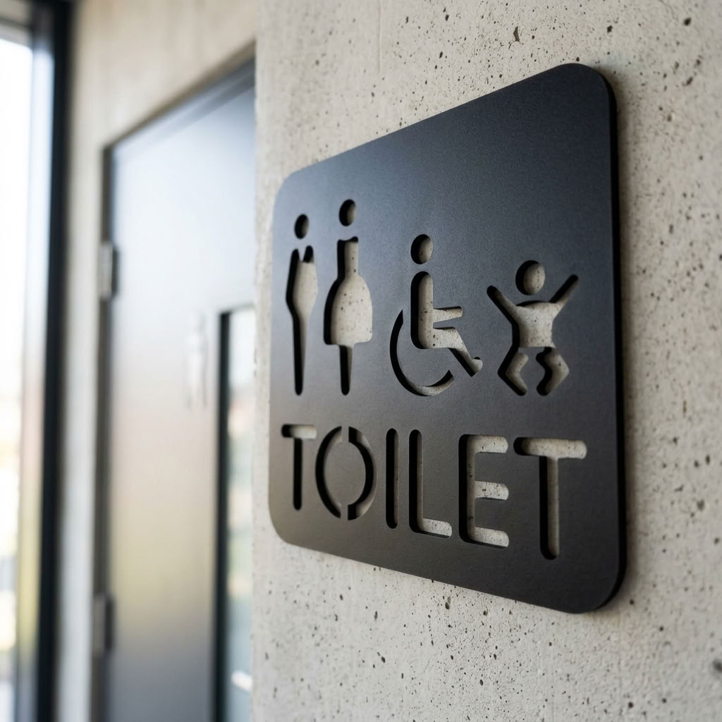 Black MDF family toilet sign with men women wheelchair and baby change symbols