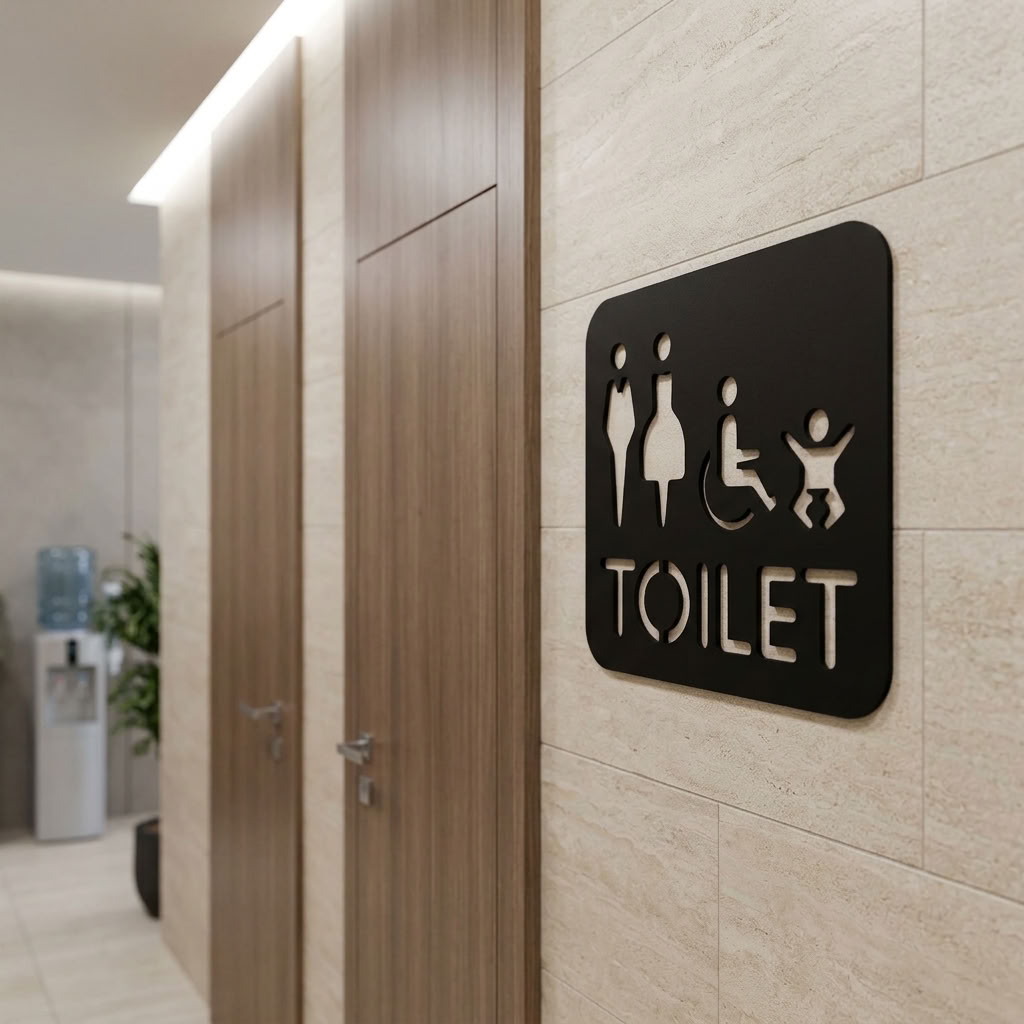All gender toilet sign with wheelchair access and baby changing symbol