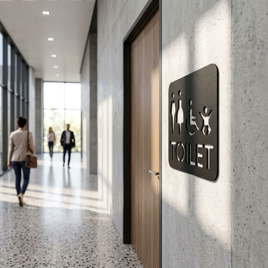 Black MDF accessible toilet sign for hotels, offices and customer facilities