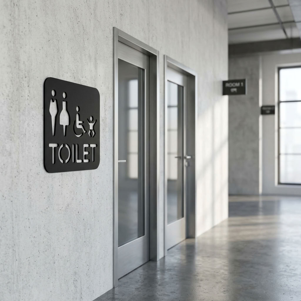 Shared restroom sign with men women wheelchair and baby change icons
