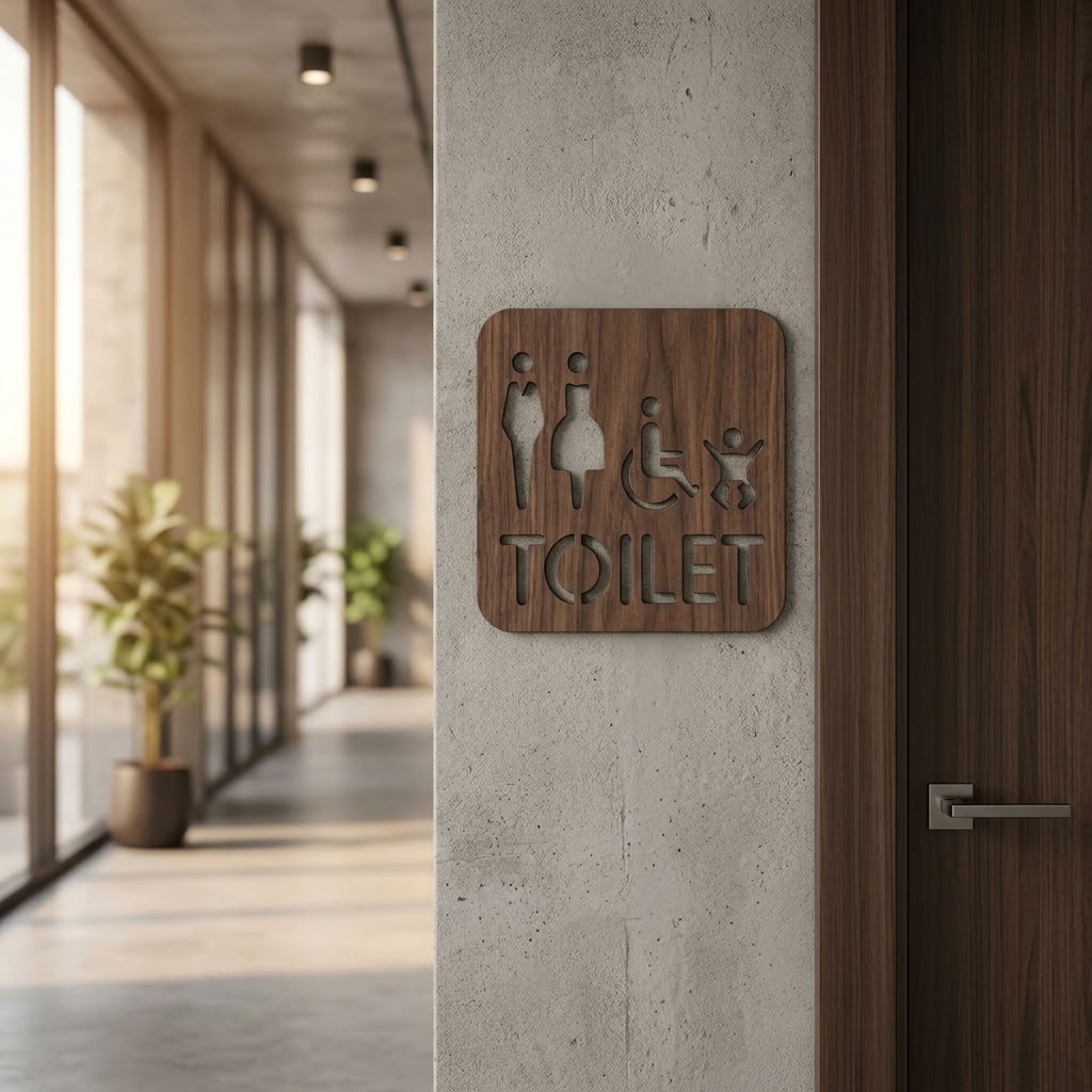 Wooden shared restroom sign with male female wheelchair and baby changing symbols