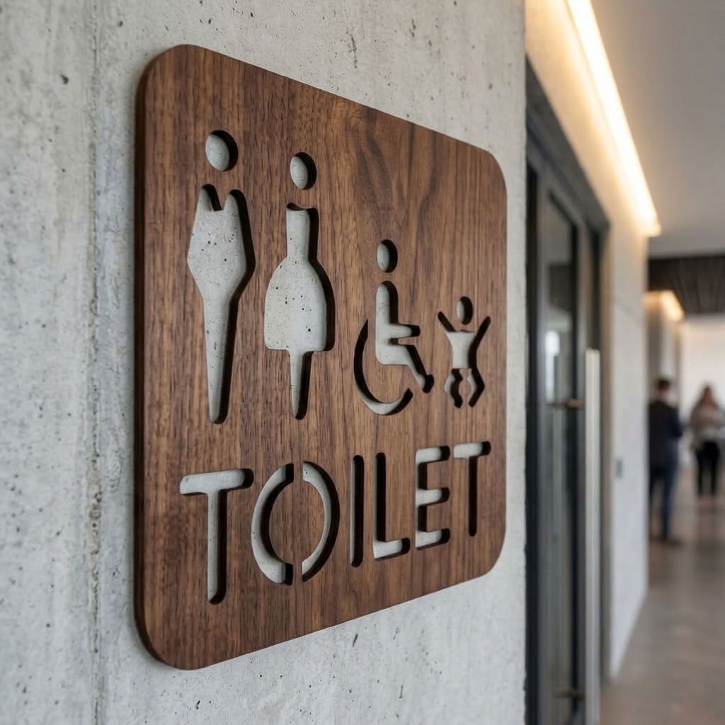 Square wooden toilet sign with male female wheelchair and baby changing icons