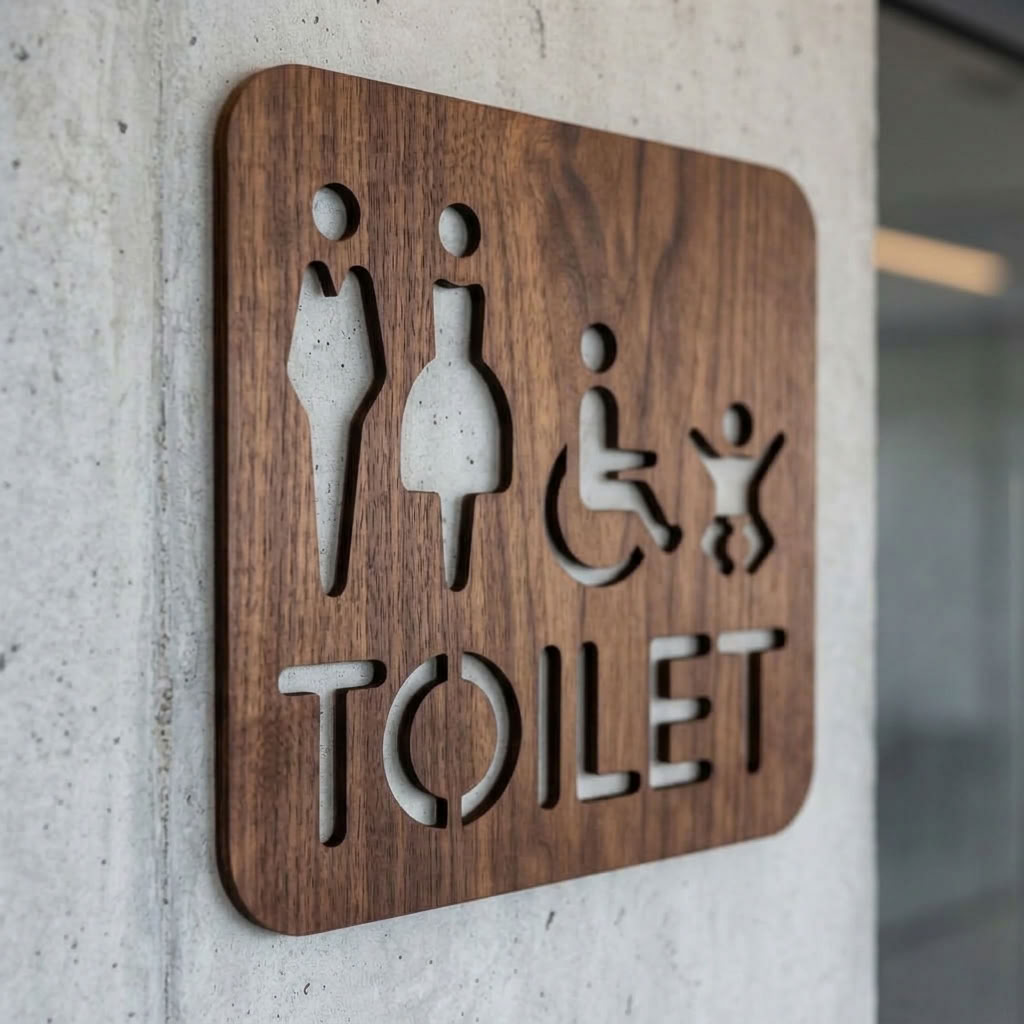 Men women accessible and baby change restroom sign in natural walnut
