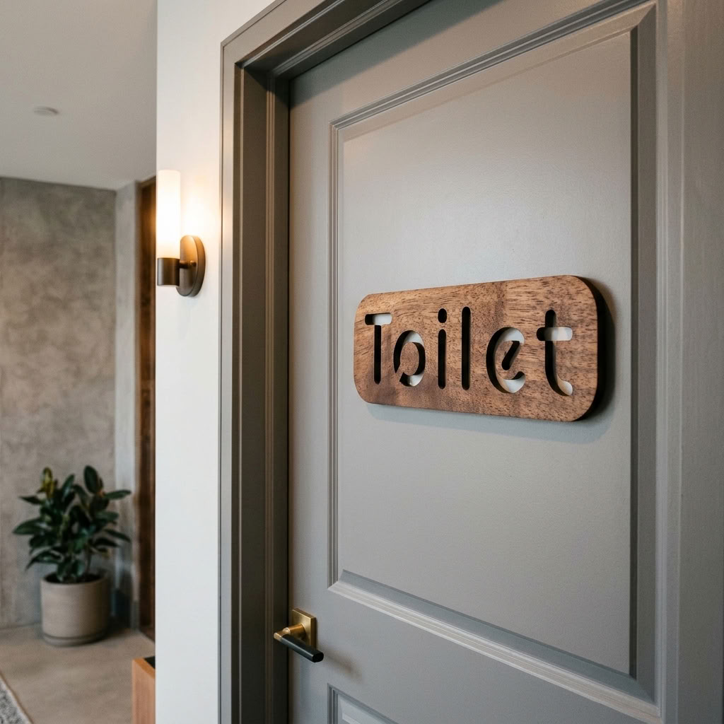 Wooden Toilet word sign for restroom doors in restaurants and commercial interiors