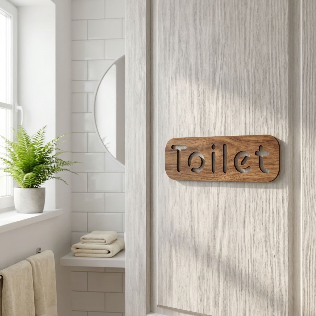 Modern wooden toilet door plaque with clear cut-out lettering