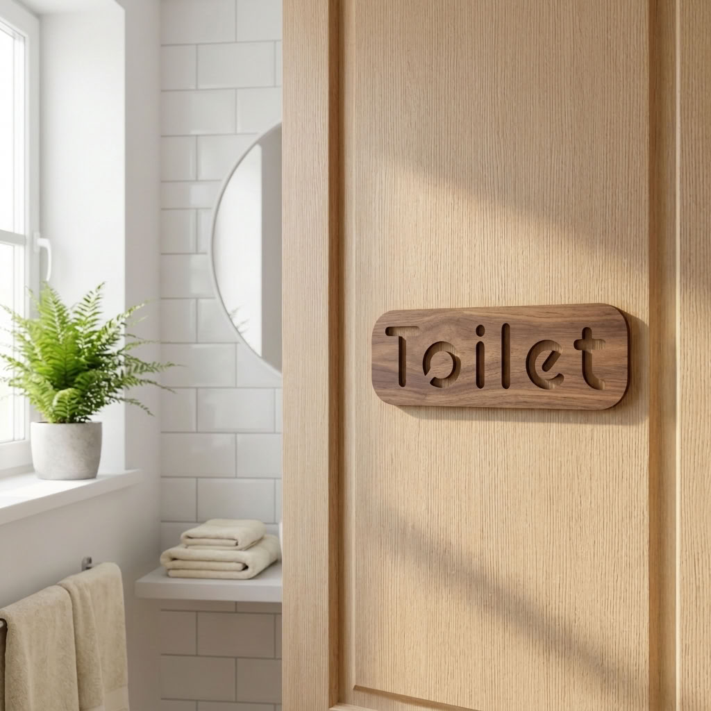 Natural walnut restroom sign for offices, cafés and hospitality venues