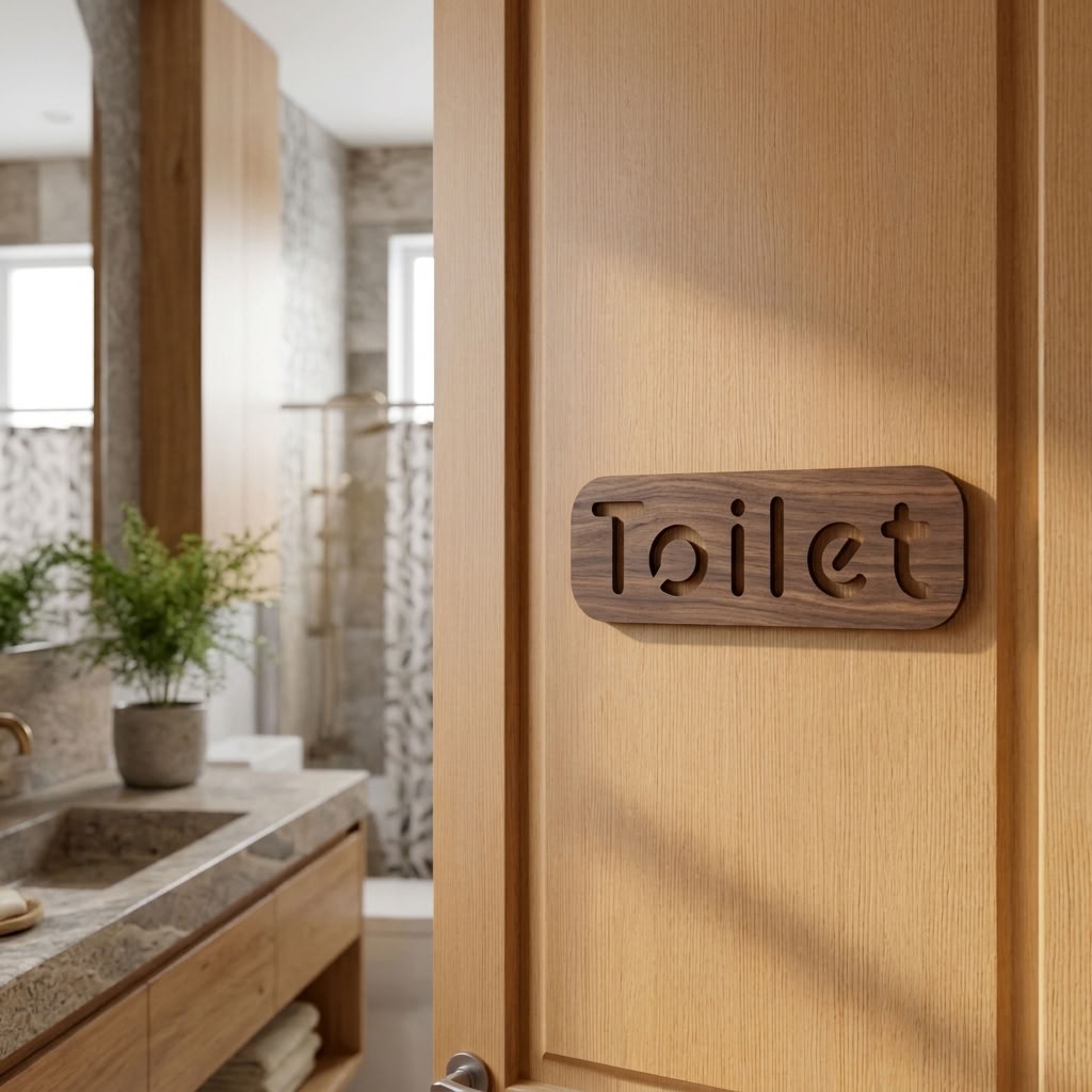 Wooden bathroom door sign with Toilet text for shops and business premises